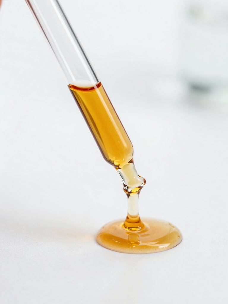 Close-up of a glass laboratory pipette dispensing a clear amber serum onto a pristine white surface, clinical studio lighting, precise and scientific composition.