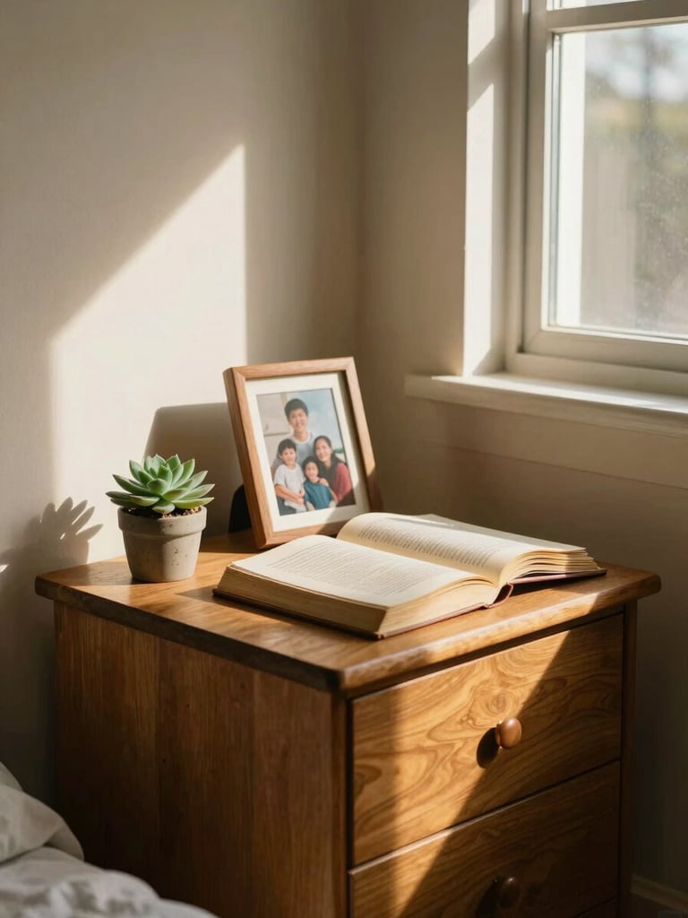 Wide environmental frame of a sunlit resident's room corner: a wooden nightstand holding a small succulent, a worn paperback, and a framed family photo—afternoon window light falling across the surface, warm golden tones, no staging, shot from a slightly low angle looking toward the window, intimate and unhurried