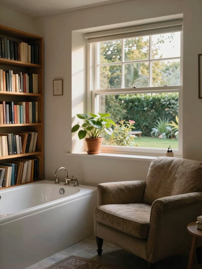 Wide environmental shot of a resident's private room corner bathed in warm afternoon window light—a personal bookshelf, a familiar plant on the sill, a well-worn armchair angled toward the garden view, intimate and unhurried