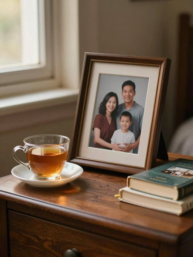 A framed family portrait sits on a wooden bedside table next to a glass cup of tea and books.