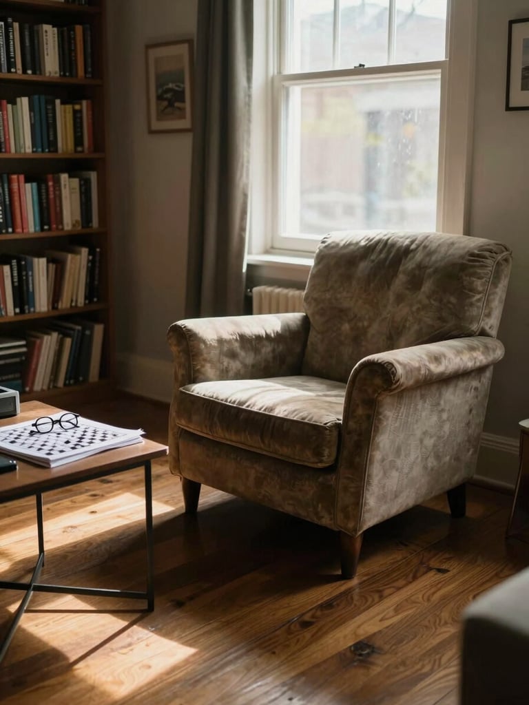 Wide environmental shot of a lived-in sitting room in natural window light — a worn armchair angled toward the window, a side table with a half-finished crossword and reading glasses, bookshelves filled with personal books in the background, afternoon light casting long warm shadows across the wooden floor, no people present, candid and unhurried