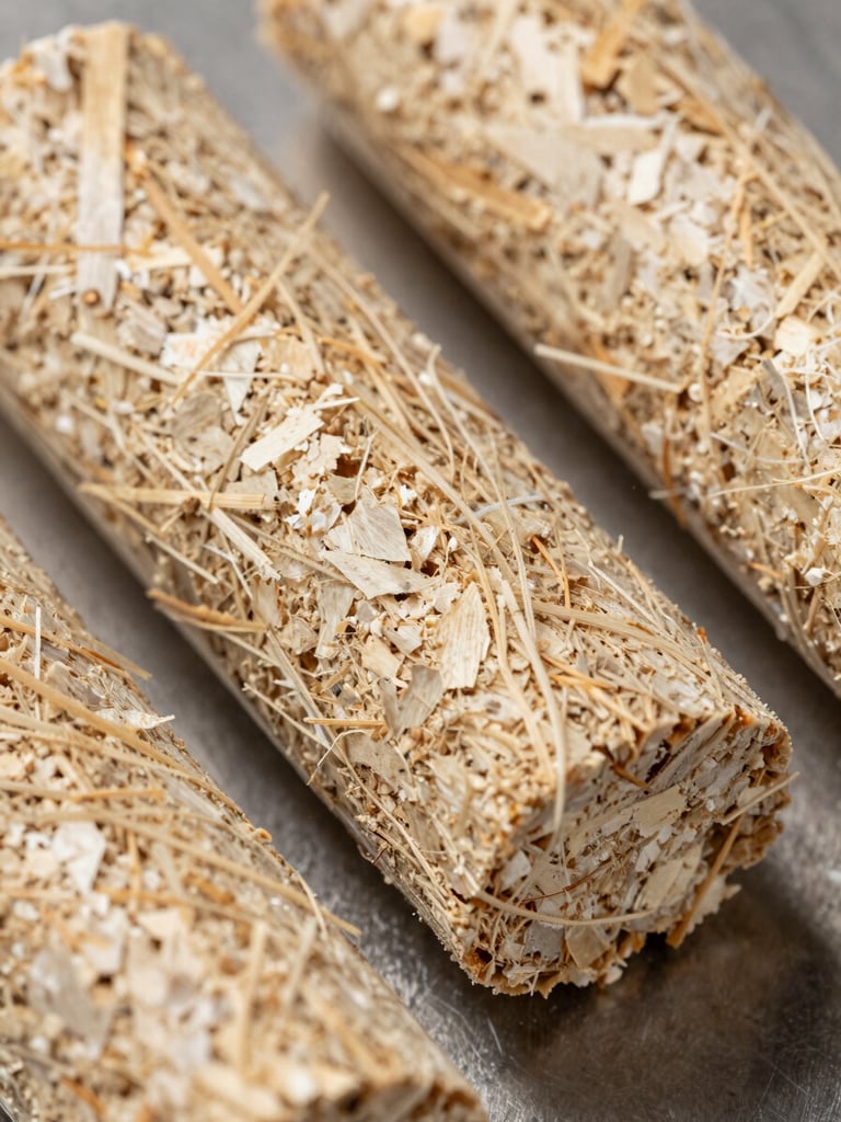 Extreme close-up overhead shot of biomass pellet cross-sections arranged on a dark steel surface, studio strobe lighting revealing dense fibrous grain and uniform compressed texture, sharp depth of field, industrial documentary style