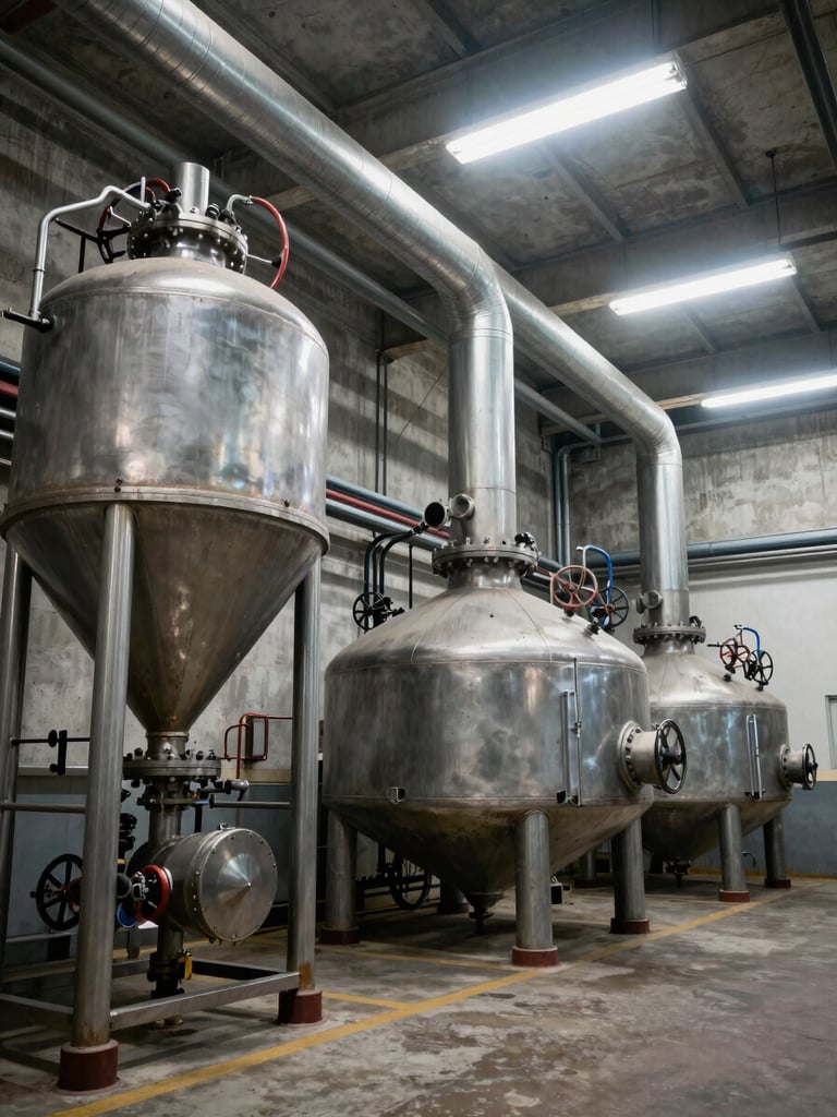 Wide-angle shot of an industrial food processing plant boiler room, biomass feed hopper visible at left frame, steam pipes overhead, concrete walls under warehouse fluorescent light — honest industrial documentary
