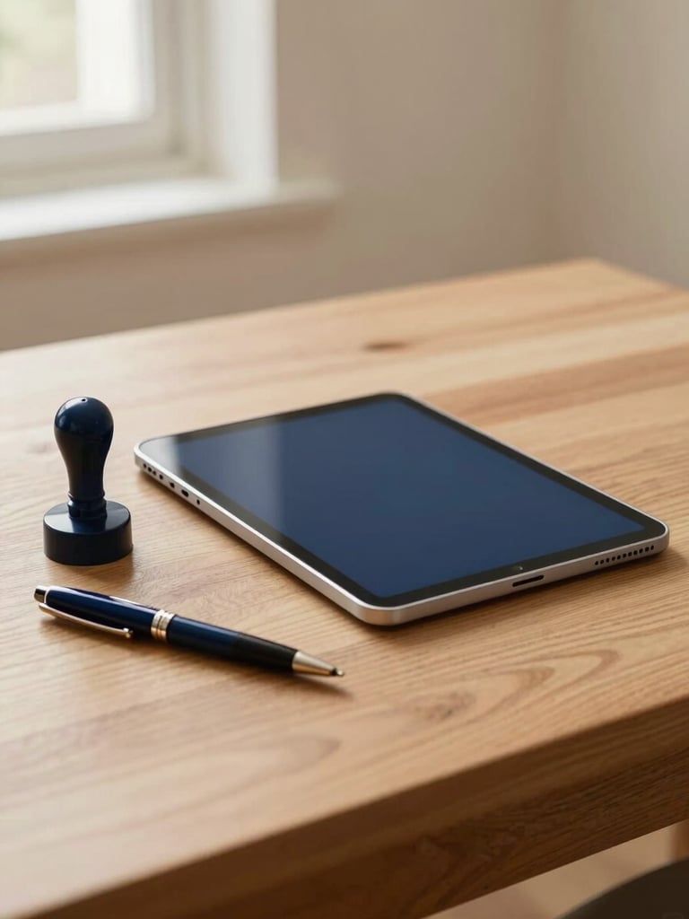 A professional notary's neat mobile workspace with a tablet, official seal, and a fine pen on a wooden table, soft natural side lighting, warm cream background