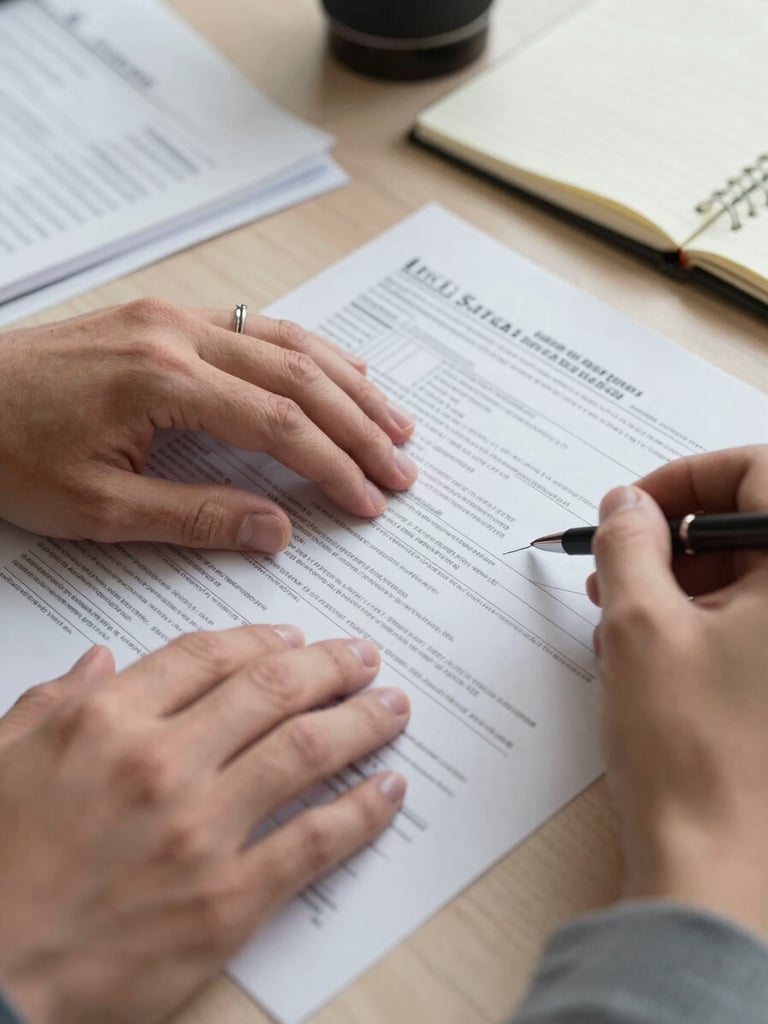 Close-up of a desk workspace, hands resting on a neatly annotated tax form, a pen mid-notation, documents and a ruled notebook visible under even north-facing daylight