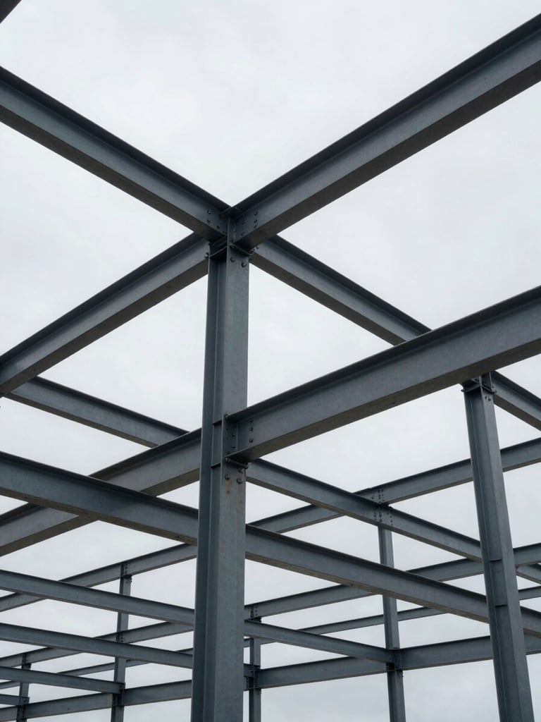 Wide shot from below looking up at a completed industrial steel frame structure, heavy I-beams and bolted connections visible in sharp detail, overcast natural daylight, no workers, no people, scale conveyed by the geometry of the frame against a grey sky