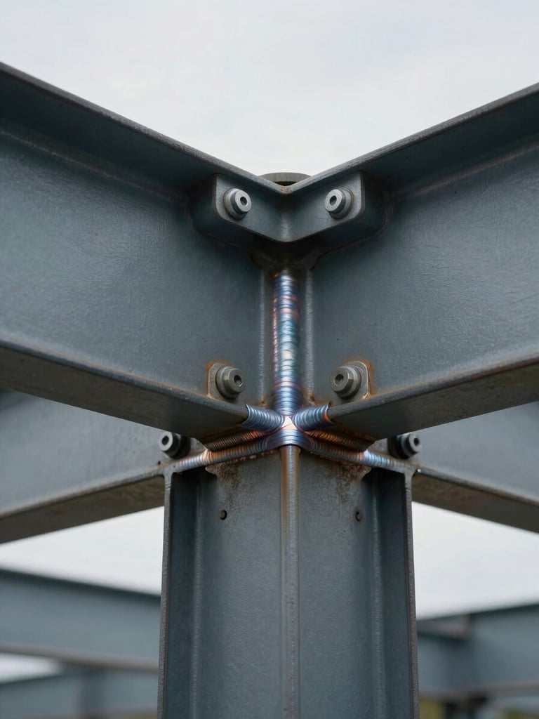 Close-up of structural steel beam connection detail showing precision welds and bolt plates, overcast natural daylight, industrial context, tight technical framing emphasising millimeter-level fit