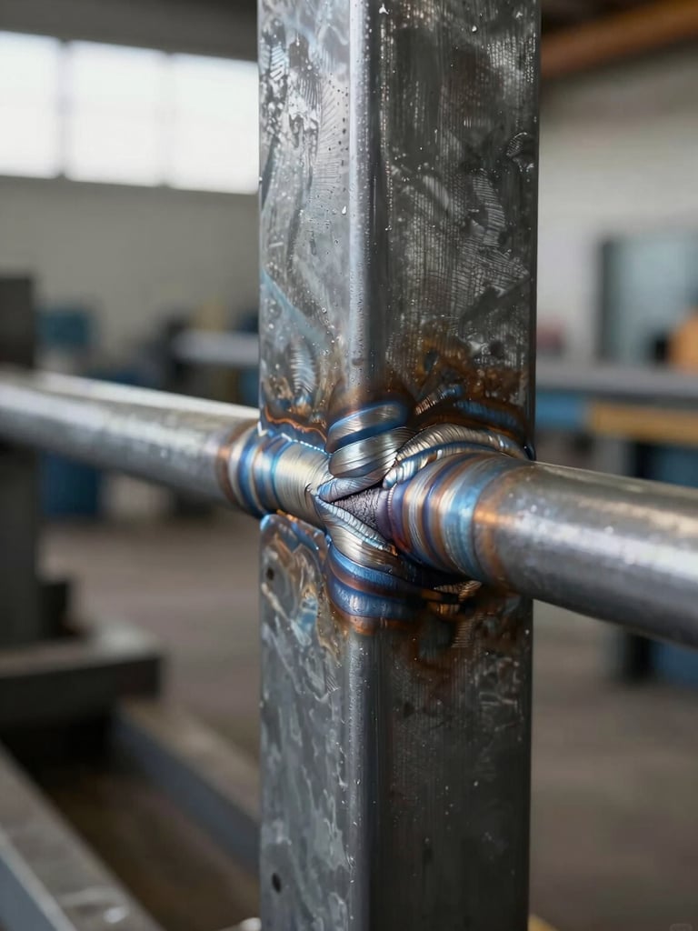 Close-up of a steel weld joint on a structural beam, natural overcast light, sharp detail showing the weld bead texture and heat marks on the metal surface, no people, industrial workshop background slightly out of focus