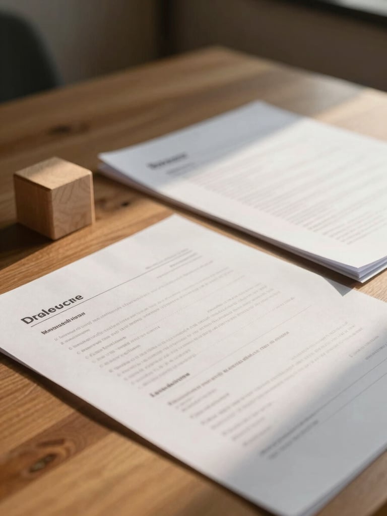 Soft morning light illuminating a wooden table with clean, organized paper documents, a small wooden toy block nearby, shallow depth of field, warm tones.