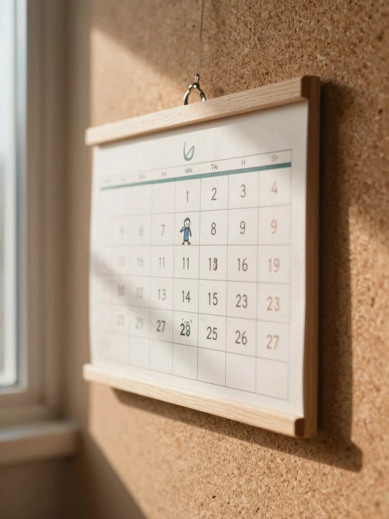 Close-up of wooden calendar blocks and hand-drawn children drawings on a soft cork board, warm morning light streaming from a side window, shallow depth of field, gentle shadows.