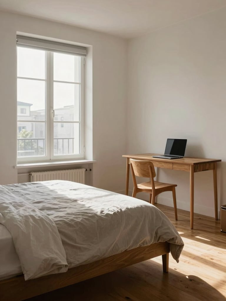 Wide environmental shot of a furnished studio apartment interior — made bed with folded linen in the foreground, a compact wooden desk with an open laptop to the right, large window letting in north-facing daylight that illuminates the room evenly, warm wood flooring, white walls, no people