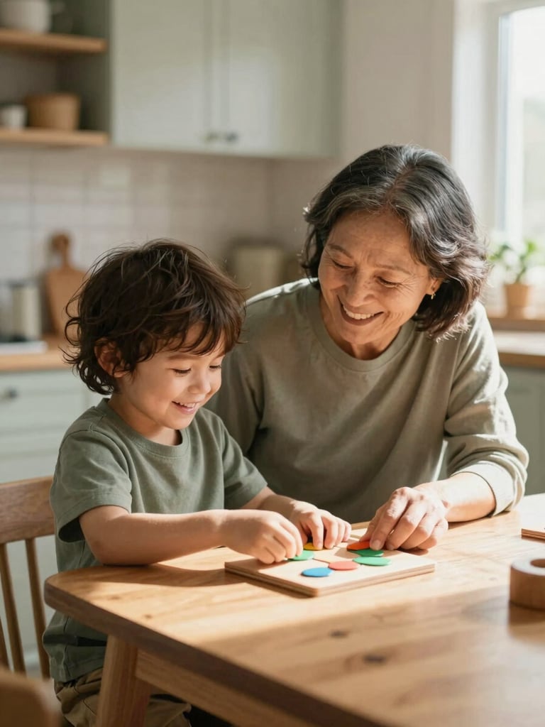 A grandmother and a young child laughing together over a simple wooden puzzle on a sunlit kitchen table, warm atmosphere.