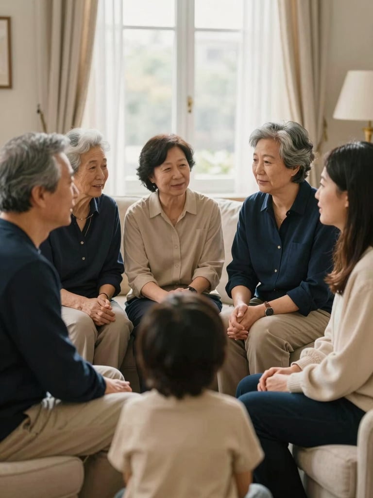 A multi-generational family (grandparents, parents, children) engaged in conversation in a warmly lit living room, soft natural window light, shallow depth of field, warm editorial photography, deep navy and champagne gold tones, natural and unposed expressions, portrait aspect