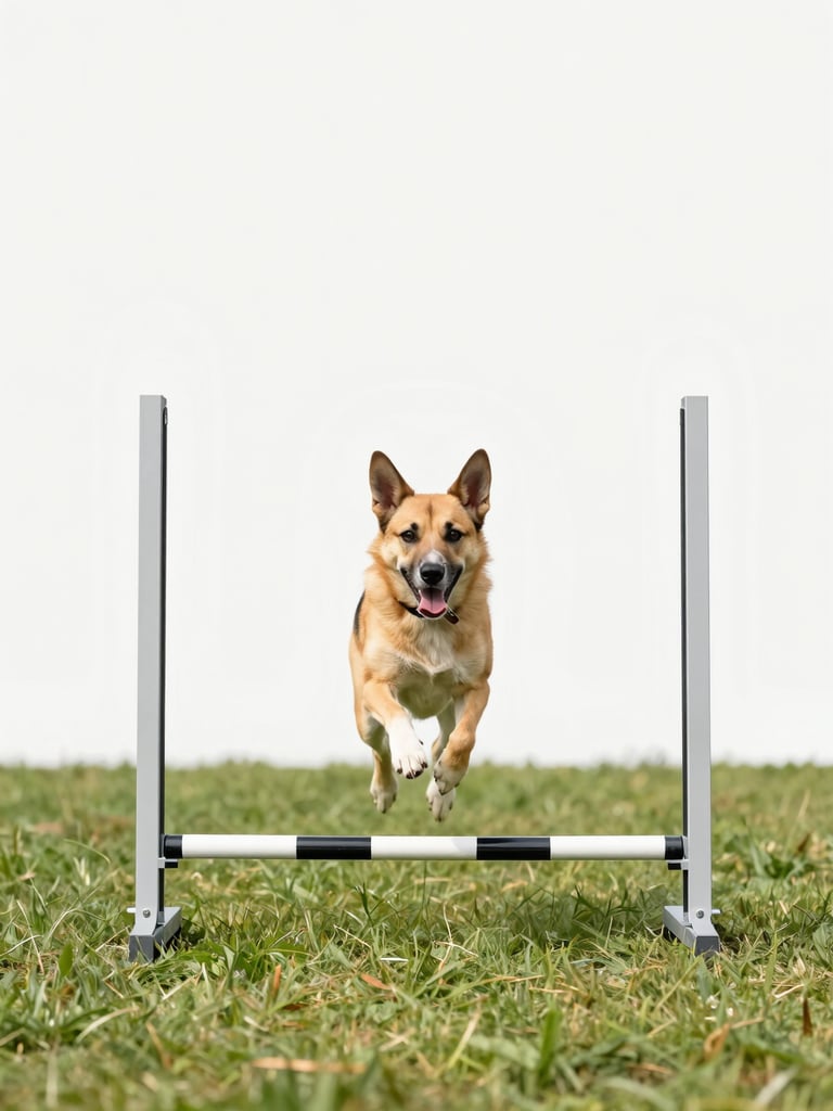 Straight-on eye-level shot of a medium dog jumping over an agility hurdle frame in a grassy yard, crisp outdoor daylight, sharp focus