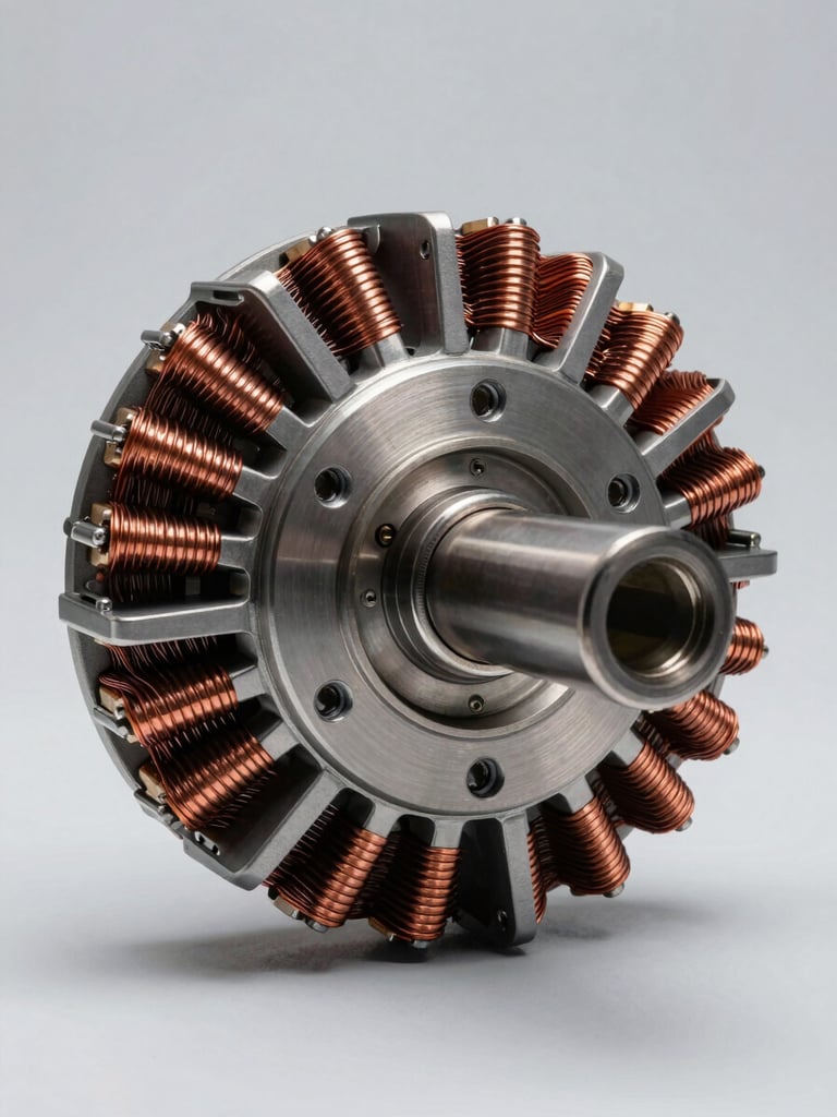 Wide macro photograph of a wound rotor assembly for a brushless synchronous alternator, rotor shaft centered in frame, copper exciter windings visible in high contrast studio lighting, neutral light-grey background, engineering precision framing