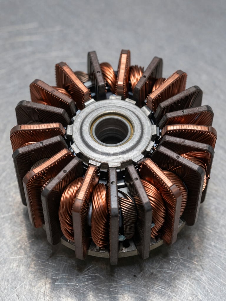 Close-up macro photograph of synchronous alternator stator windings and laminated core, studio-lit from above on a clean steel-grey surface, tight framing showing copper winding layers and insulation detail, no people