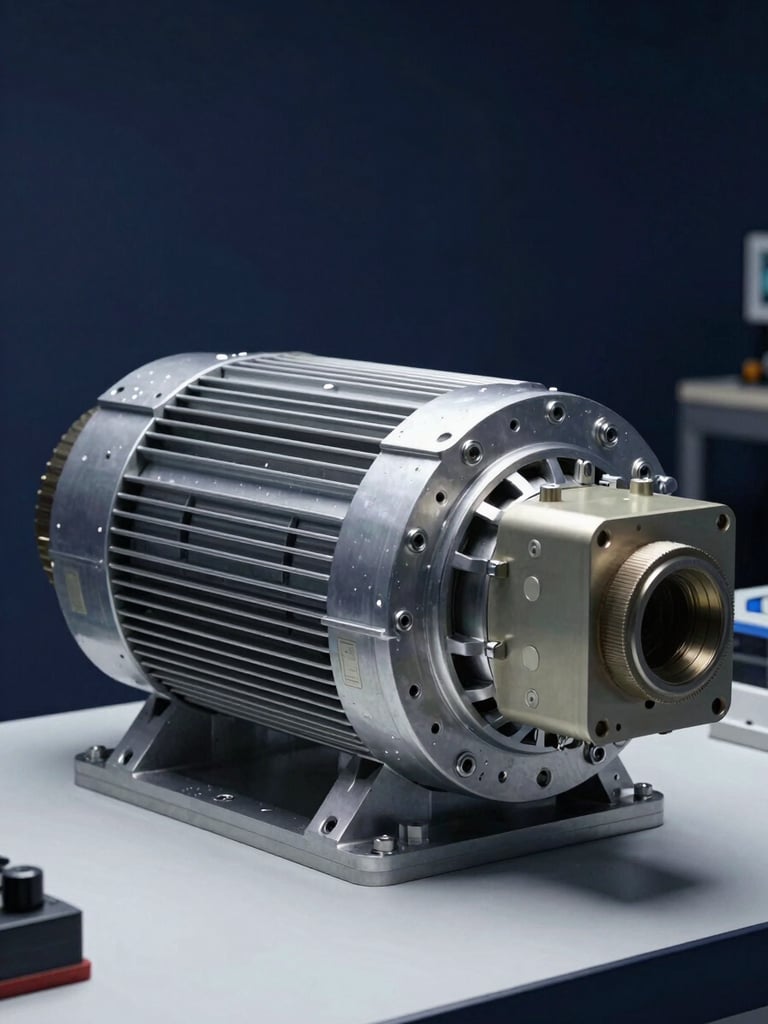 Wide-angle view of a complete synchronous alternator unit on a clean industrial test bench, deep navy background, even studio lighting revealing precise machined end-frames and terminal box, no people