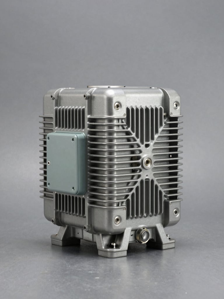 Full synchronous alternator unit standing upright on a clean steel-grey neutral background, even studio lighting, precise front-facing technical framing showing terminal box and ventilation grilles, no people