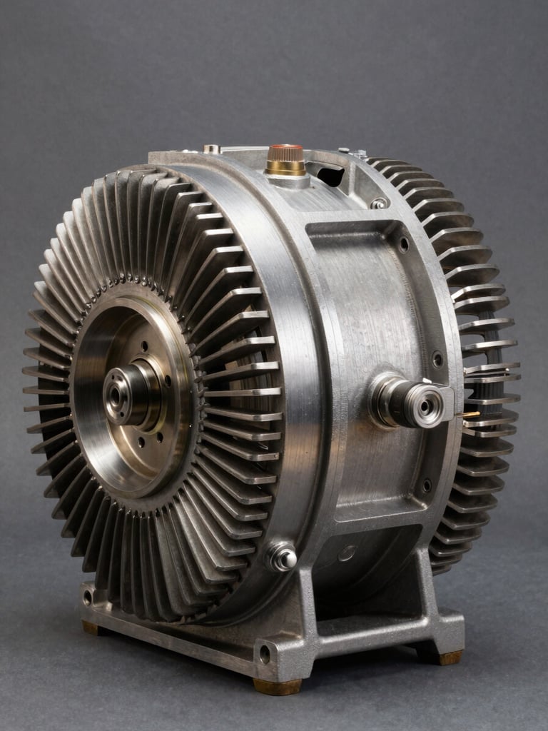 Close-up studio shot of a large synchronous alternator unit on a neutral dark surface, wound rotor visible through the end shield opening, precision machined steel housing under even controlled lighting, no shadows