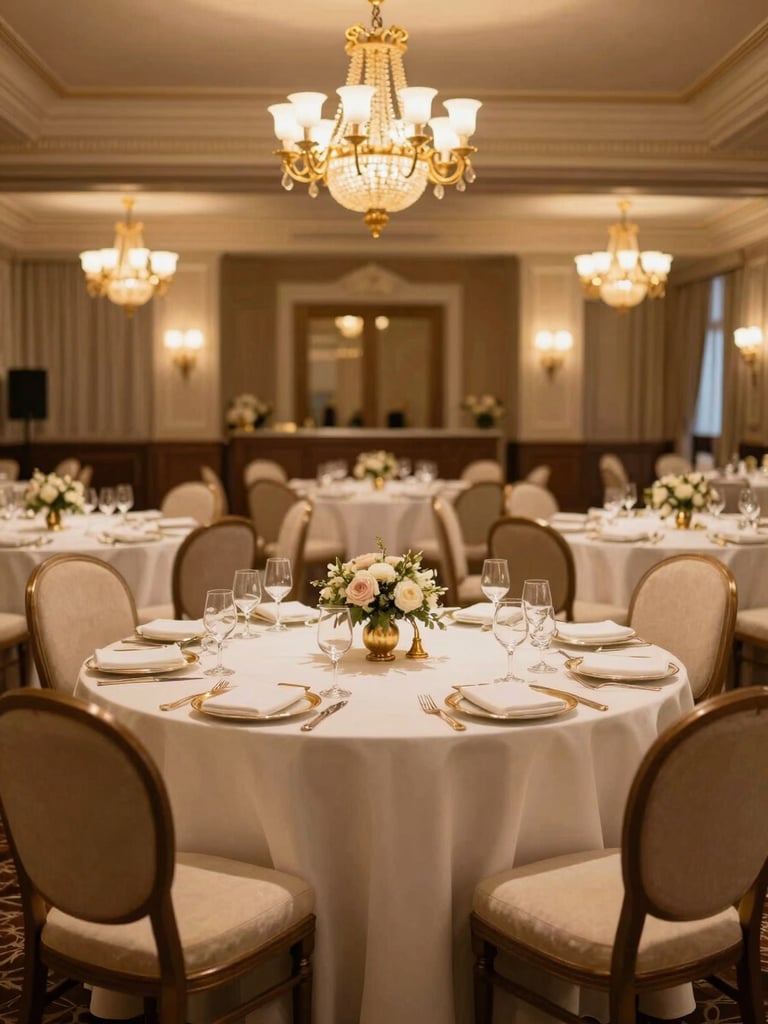 Wide environmental shot of an elegant hotel banquet hall set up for a premium gathering, warm golden chandelier lighting, luxurious ivory table linens, brass accents
