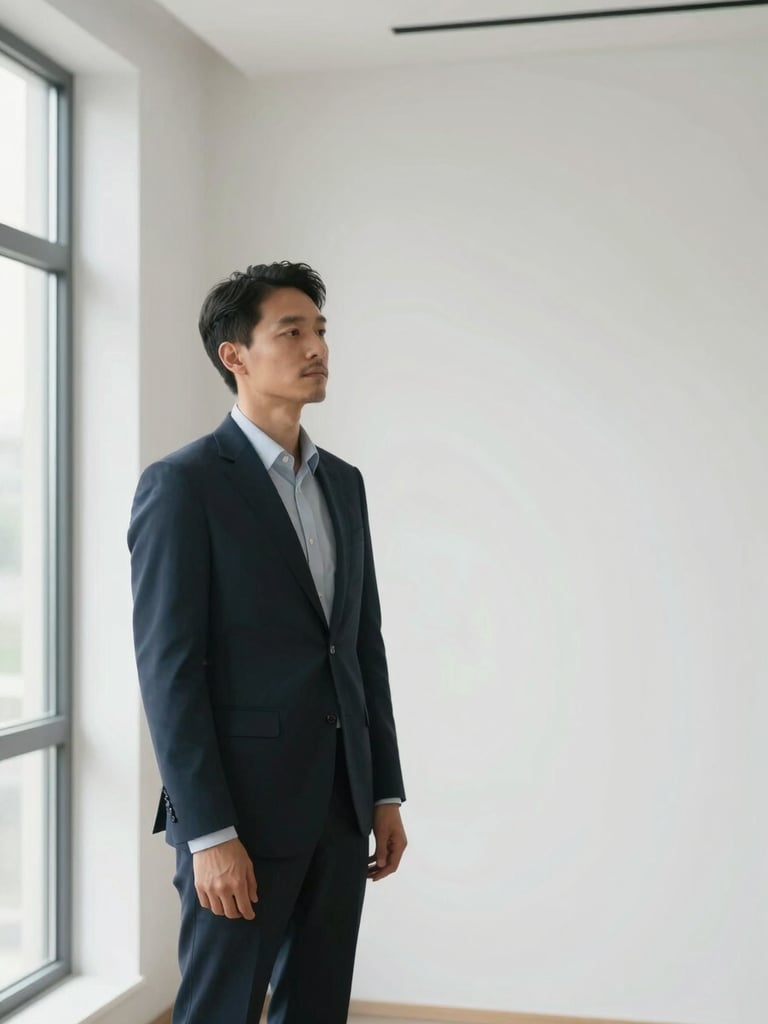 Tall editorial portrait of a calm, confident professional standing in a serene, light-flooded modern interior, near-white walls, diffused north-facing window light, minimal furnishings visible, subject positioned in left third of frame, generous negative space to the right, composed and unhurried mood