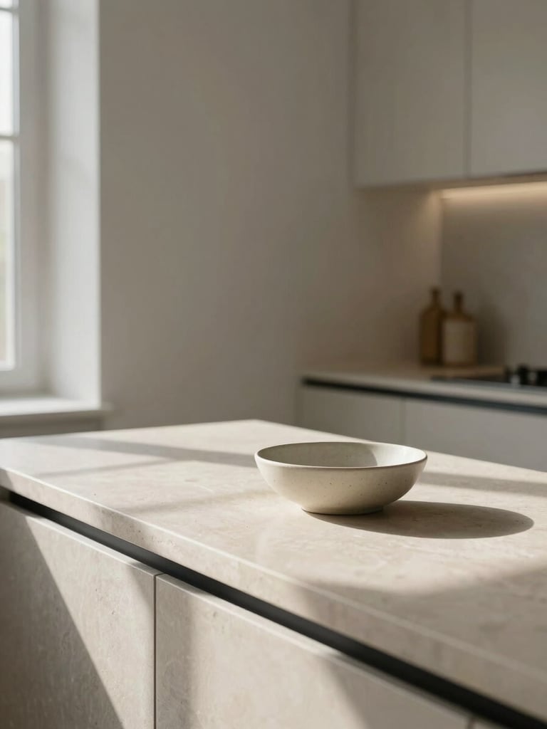 Close-up of a perfectly still kitchen counter in a minimalist German apartment, pale stone surface with a single ceramic bowl, north-facing daylight streaming in from the left, no clutter, architectural stillness, wide portrait framing