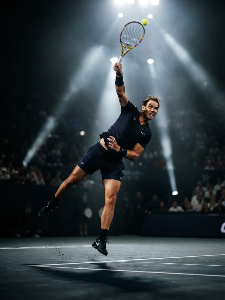 Low-angle dramatic action shot of a tennis player mid-serve, high-contrast stadium floodlights cutting through mist, dark background, shallow depth of field, 35mm.
