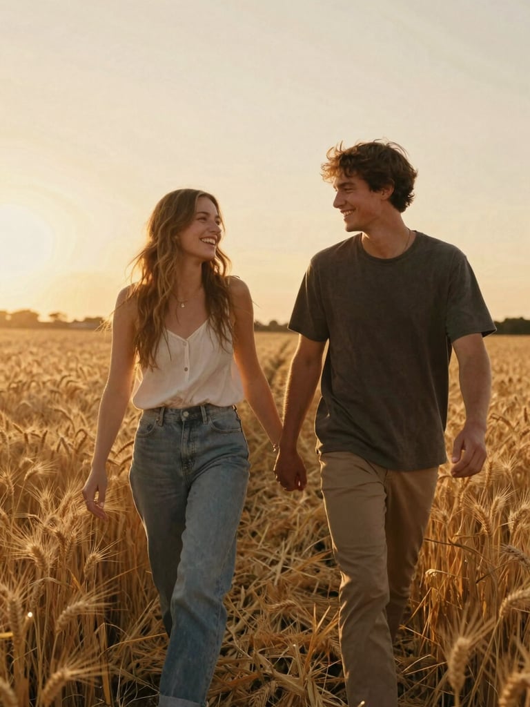 Candid medium shot of a young couple walking through a golden wheat field at sunset, laughing naturally, warm backlighting, cinematic 35mm film style