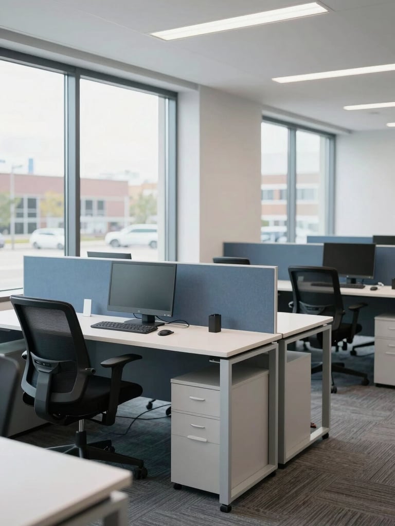 A professional, clean collaborative workspace in Fulton, Missouri, with bright natural office daylight, modern desks, and architectural lines, 35mm