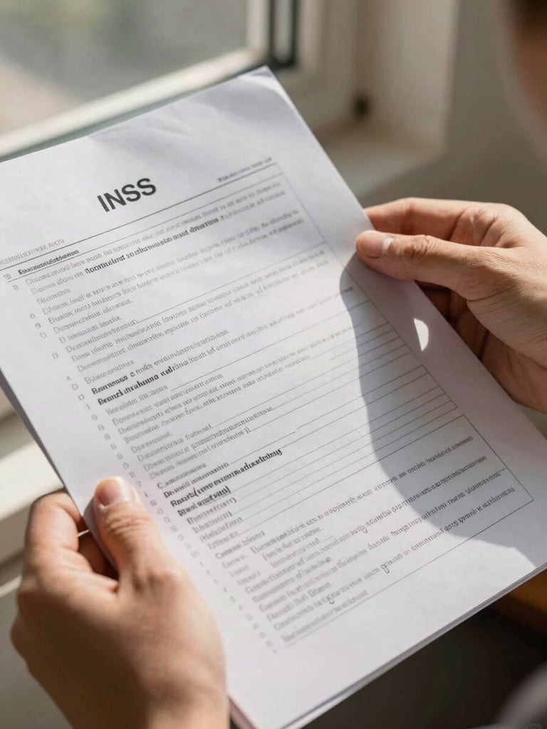 Close detail of hands holding a thick INSS administrative document, fingers resting on dense printed text, warm morning light from a side window, paper texture visible, ink annotations in the margin