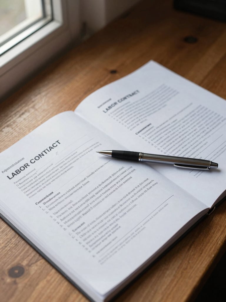 Overhead study of an open labor contract on a wooden desk, a pen resting across the signature line, soft natural daylight from a window to the left, paper grain and printed clauses clearly visible