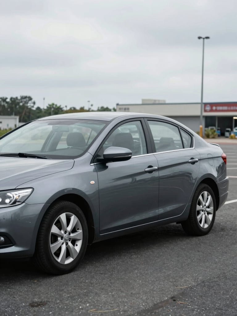 Wide daylight shot of a used sedan on an open lot, full driver-side quarter-panel view from front-left, overcast natural light, asphalt and faint lot signage visible in background, honest documentary framing with no staging