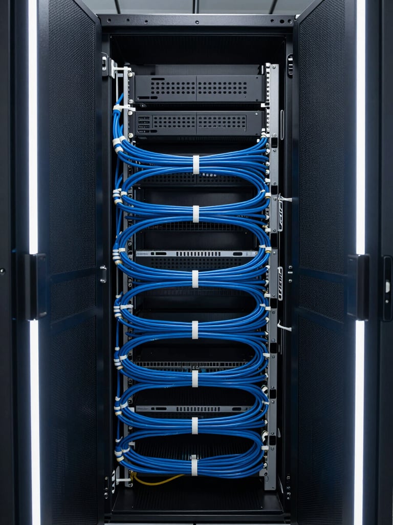 Symmetrical low-key shot of a modern enterprise server rack with clean blue cable management and sharp white rim lighting.