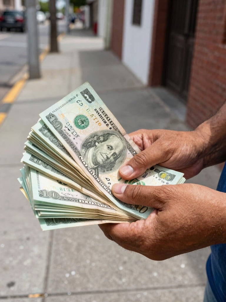 Close-up of a smiling Juárez resident's hands gripping a thick stack of peso bills in bright natural daylight, standing on a familiar neighbourhood sidewalk, the bills fanned out and clearly real