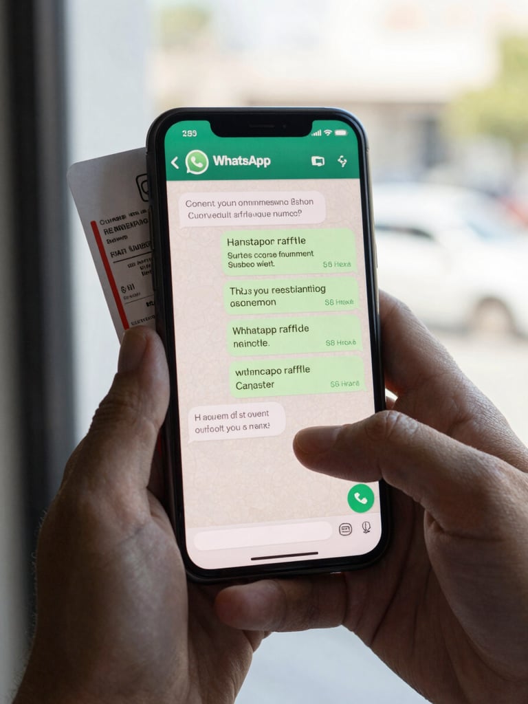 Close-up of a smartphone screen showing a WhatsApp conversation confirming a raffle number reservation, hand holding the phone against a bright Juárez daylight window background, ticket stub visible beside the phone