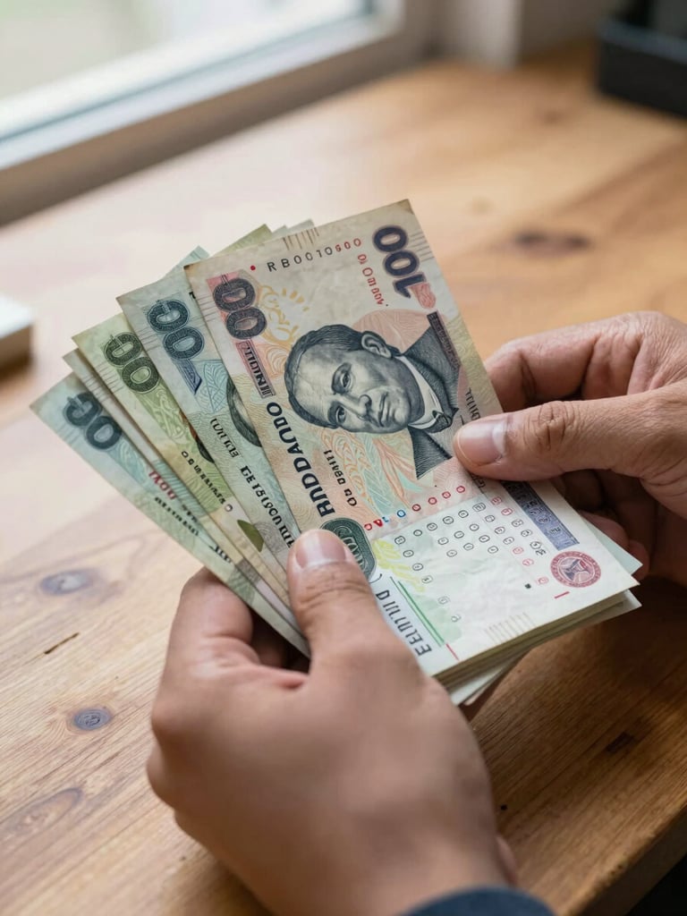 Close-up of hands holding a stack of Mexican peso bills and a numbered raffle ticket, rough wooden table in background, bright natural daylight from a window, documentary framing