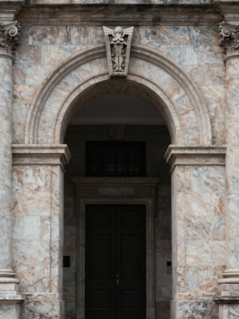 Symmetrical close-up of a hand-carved stone archway on a historic building facade, soft overcast daylight, highlighting texture and weight