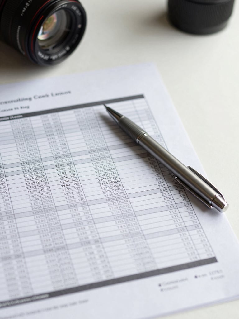 Close-up overhead of a printed consulting report on a clean white desk, dense data tables visible mid-page, a single pen resting diagonally across the document, bright studio light