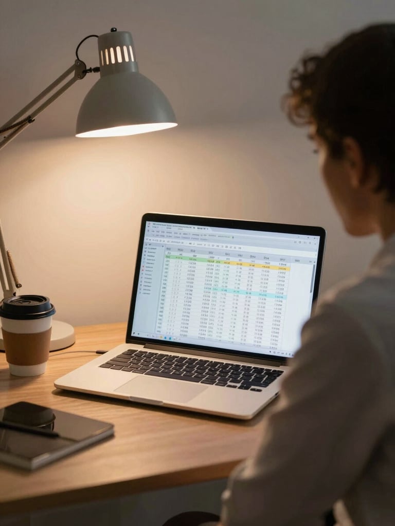 Over-the-shoulder view of a founder reviewing a financial model on a laptop screen in a sparse office, warm tungsten desk lamp casting a focused pool of light, spreadsheet columns visible on screen, coffee cup at the edge of frame, no people's faces visible