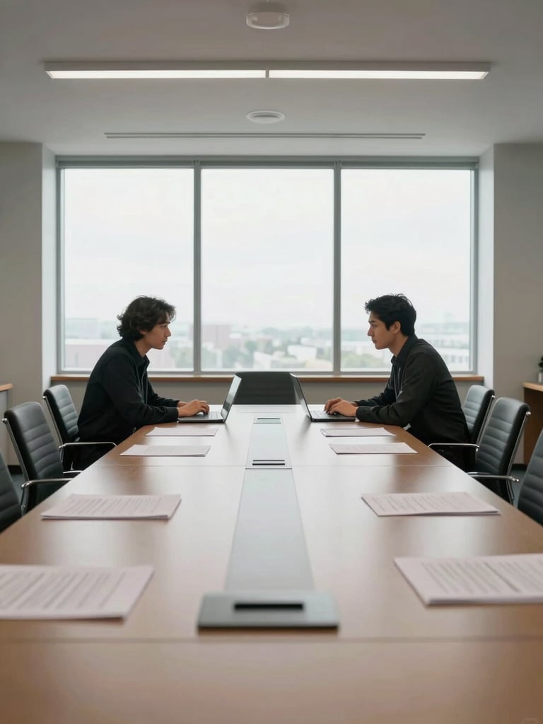 Wide shot of a nearly-empty conference room, two founders seated across a small table with laptops open, daylight from a large window, documents spread flat, low horizon framing