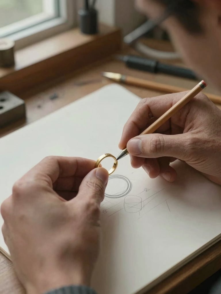 Jeweler's hands holding a custom gold ring commission in progress over a workbench sketchpad, pencil-drawn ring outline visible beneath, warm diffused daylight from an off-frame window, close and unhurried framing