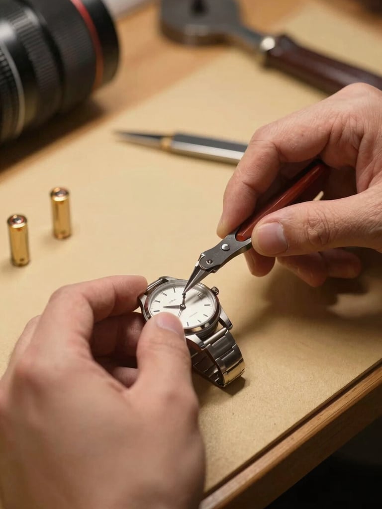 Close-up of a jeweler's hands using a case opener to swap a watch battery on a bench mat under warm diffused bench light, small battery cells visible nearby