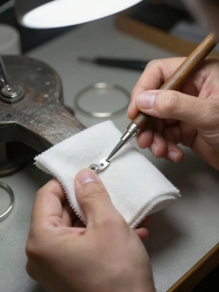 Jeweler's hands using a polishing cloth on a sterling silver bracelet at a workbench, soft diffused light from above, fine detail of the metal surface emerging under the cloth