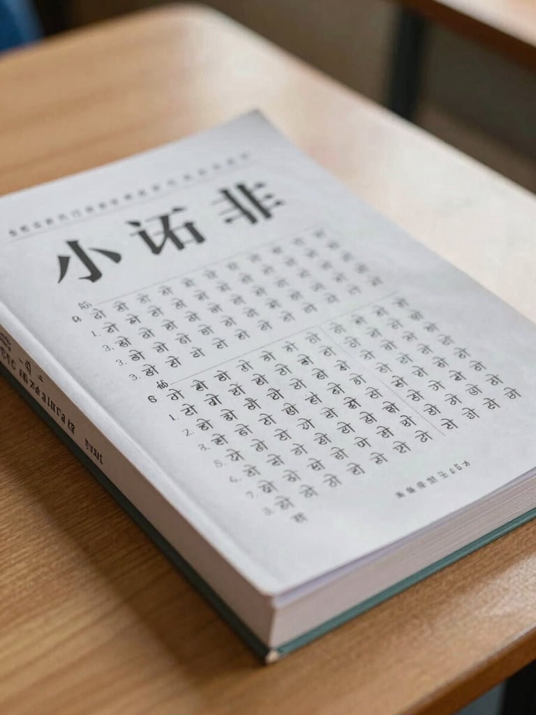 Close-up of printed vernacular textbooks in Khasi and Garo languages resting on a clean wooden desk, bright natural classroom light.
