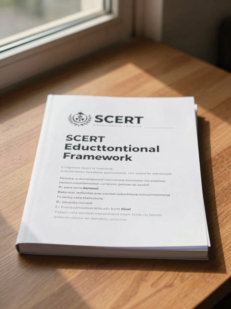 A clean, front-facing preview of an official SCERT educational framework document resting on a warm wooden desk, with natural daylight streaming from a nearby window.