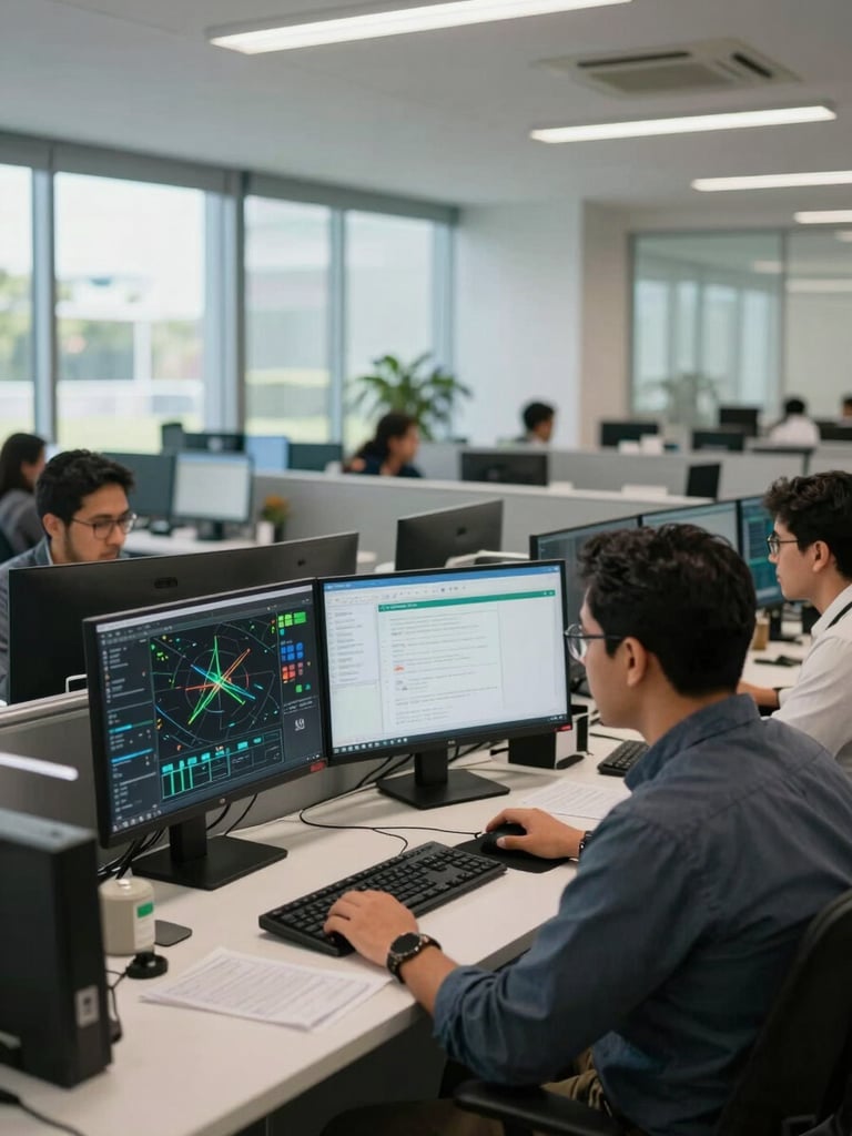 Wide environmental shot of a modern clean Latin American operations hub, bright natural daylight, glass partitions, professional analysts working with dual monitors showing operational dashboards.