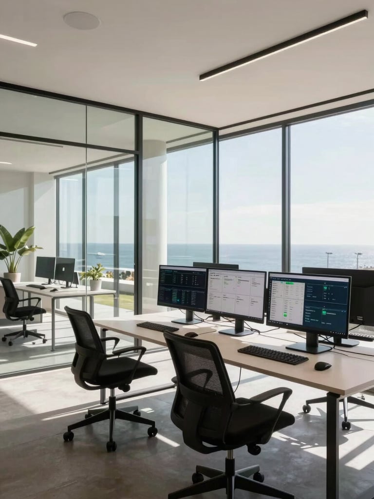 Wide architectural shot of a modern, clean nearshore workspace in Latin America, bright natural daylight, glass walls, minimalist desks with dual monitors showing operational dashboards.