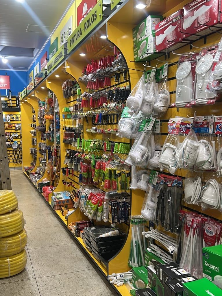 Corredor da Ferragista Central em Anápolis, GO, exibindo rolos de mangueira, prateleiras com tubos,