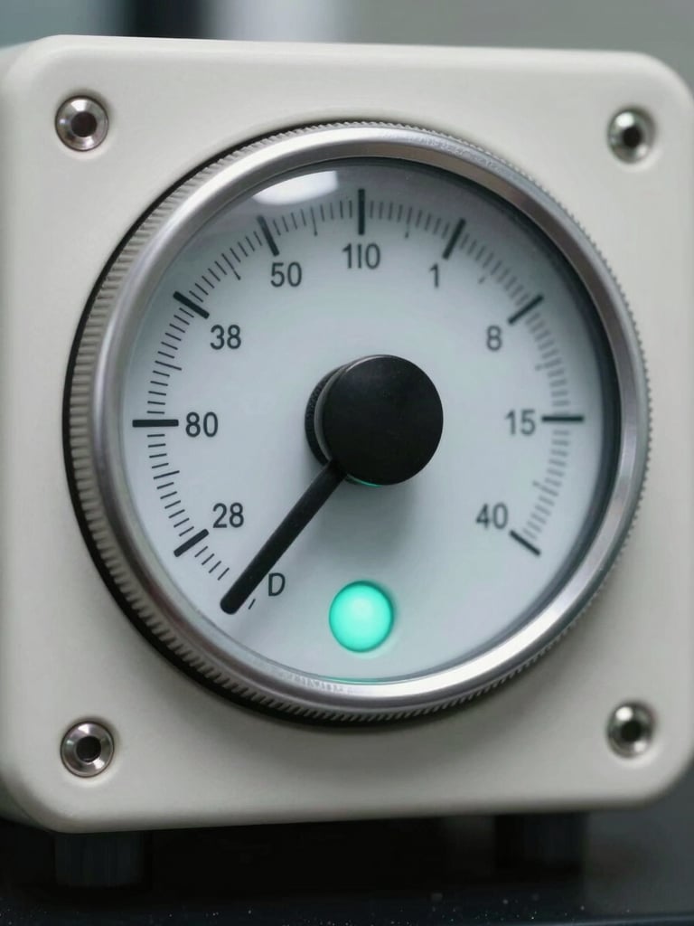 Macro photography of a clinical audiometer dial, high-contrast sterile lighting, focus on precise decibel markings and teal indicator light.