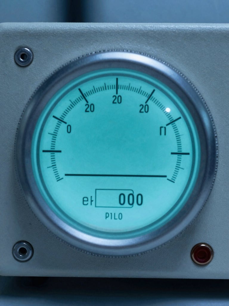 Macro top-down view of a clinical audiometer dial, sterile blue-teal backlighting, high-contrast digital display showing decibel levels, precise technical hardware.